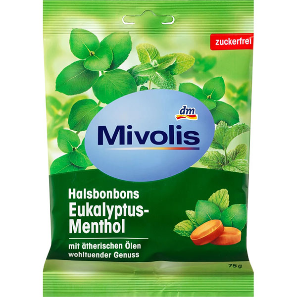 Цукерки Mivolis Ментол-Евкаліпт для горла, без цукру, 75 г